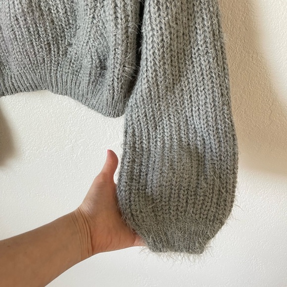 Main Strip Eyelash Knit Cowl Neck Grey Sweater - Picture 3 of 5